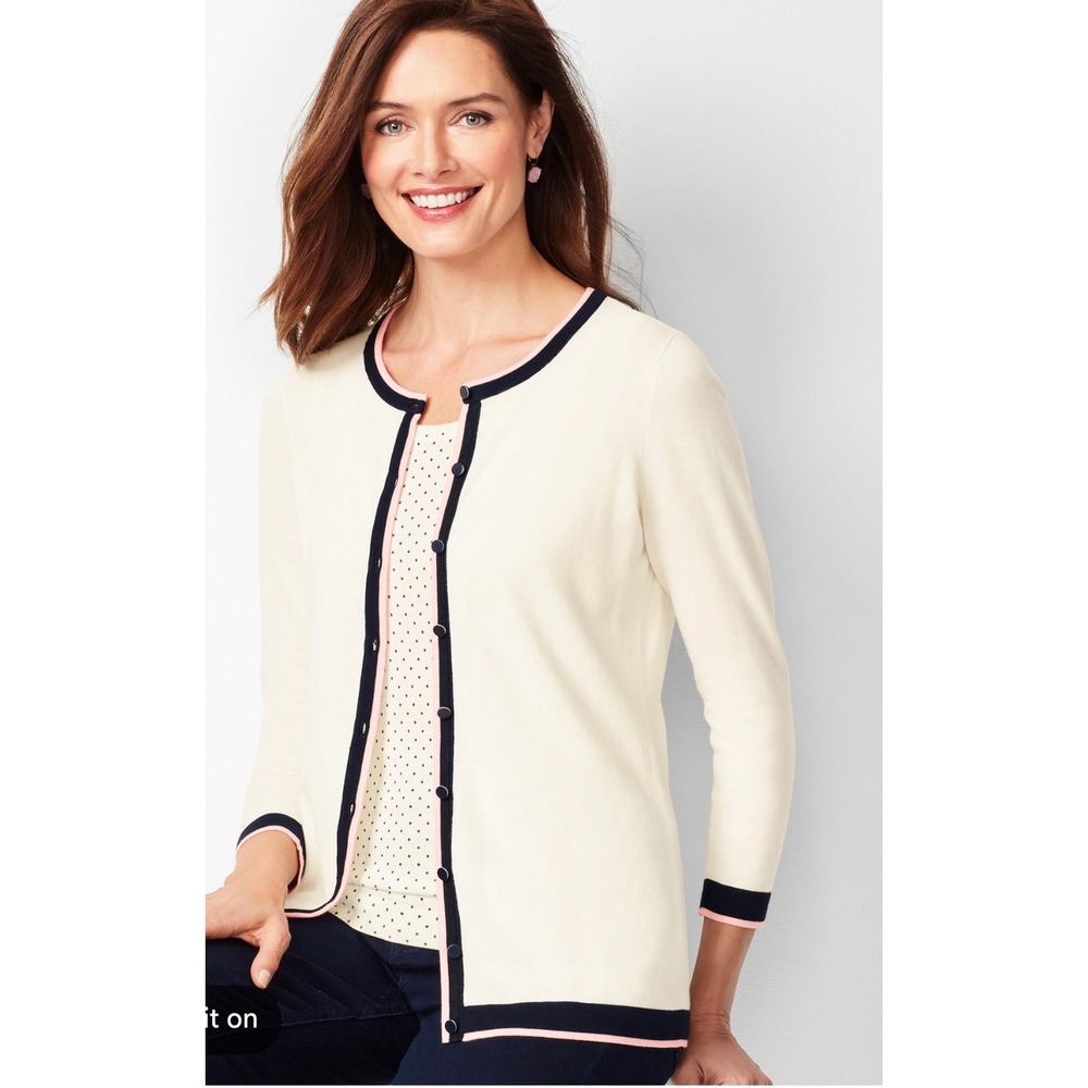 TALBOTS Charming Cardigan Three-Quarter Sleeve Tipped Large Cream NEW Preppy